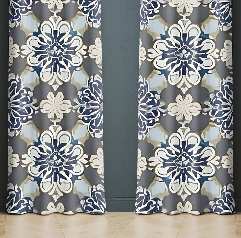 Abstract Window Curtain - Gray and Blue Demask Medallions - Deja Blue Studios