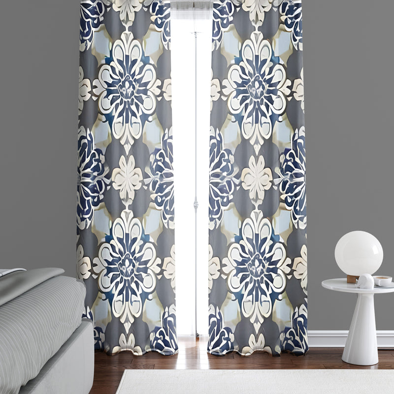 Abstract Window Curtain - Gray and Blue Demask Medallions - Deja Blue Studios