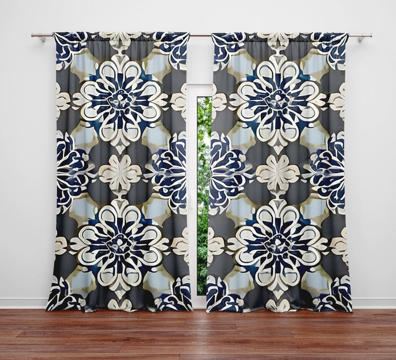 Abstract Window Curtain - Gray and Blue Demask Medallions - Deja Blue Studios