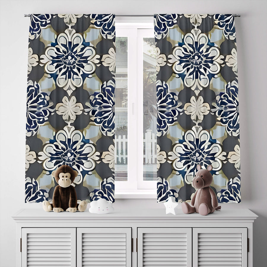 Abstract Window Curtain - Gray and Blue Demask Medallions - Deja Blue Studios