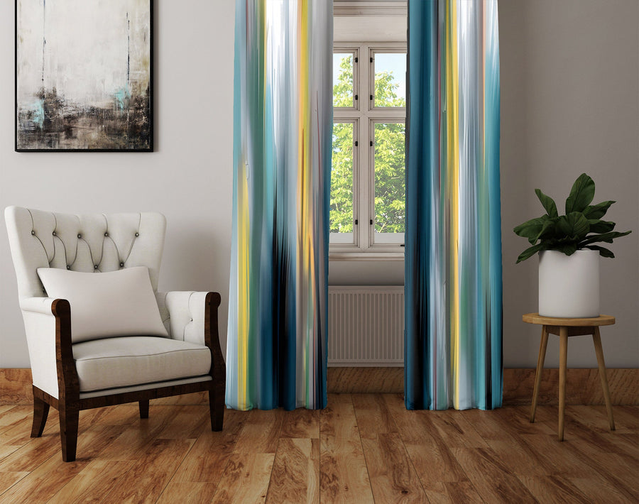Abstract Window Curtain - Blue and Yellow Foggy Nightime Cityscape - Deja Blue Studios