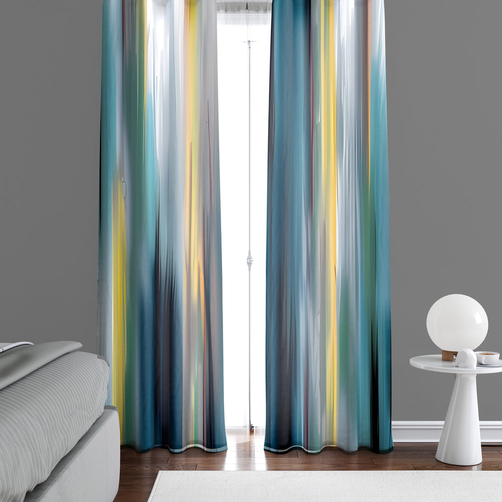 Abstract Window Curtain - Blue and Yellow Foggy Nightime Cityscape - Deja Blue Studios