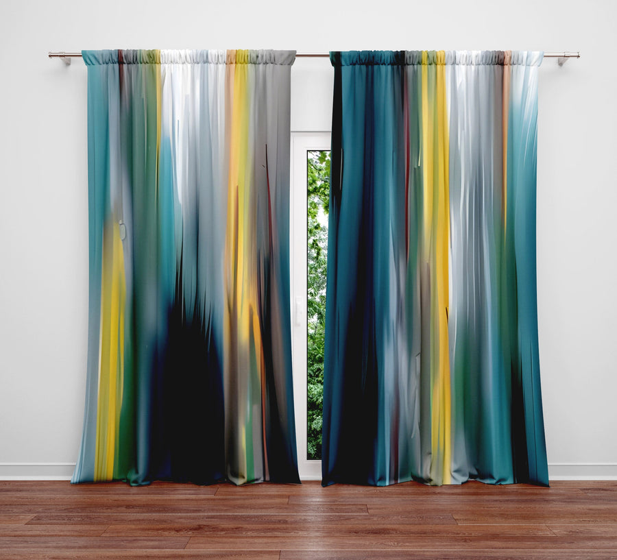 Abstract Window Curtain - Blue and Yellow Foggy Nightime Cityscape - Deja Blue Studios