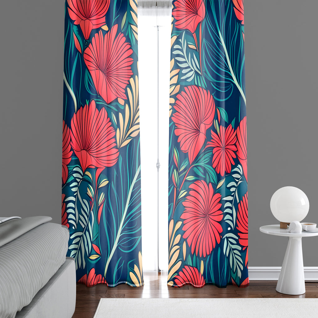 Floral Window Curtain - Blue and Coral Abstract Fan Flowers - Deja Blue Studios