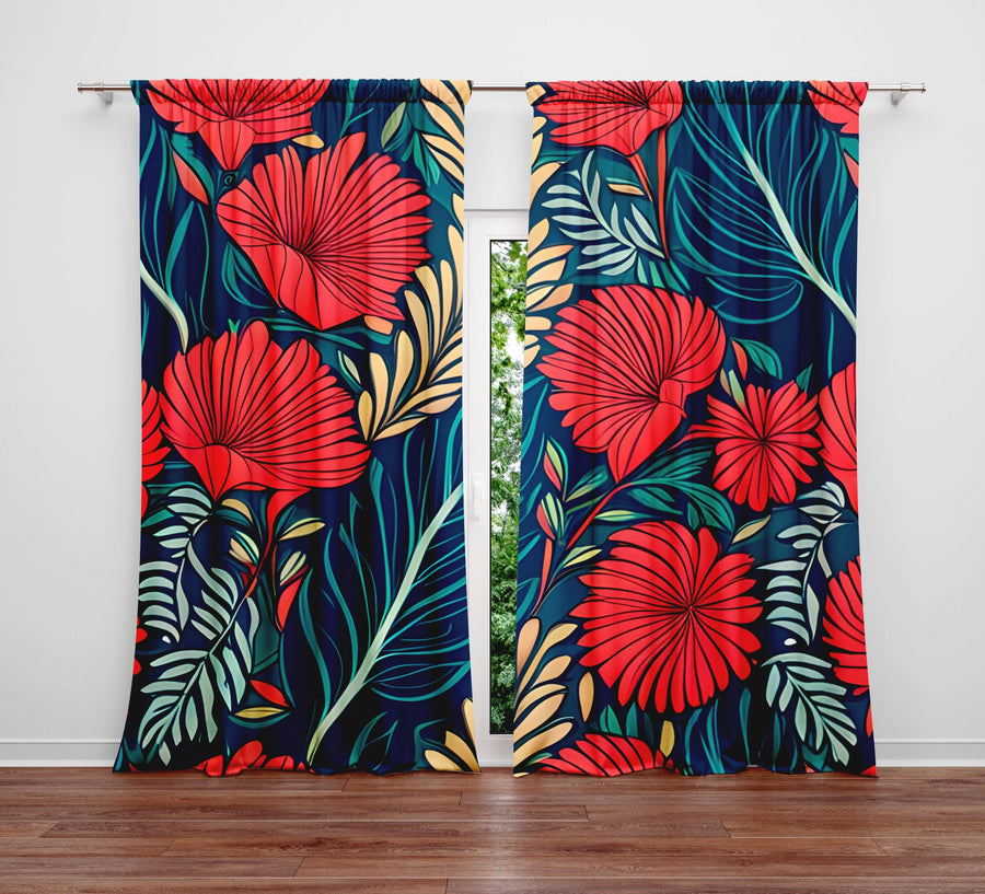 Floral Window Curtain - Blue and Coral Abstract Fan Flowers - Deja Blue Studios