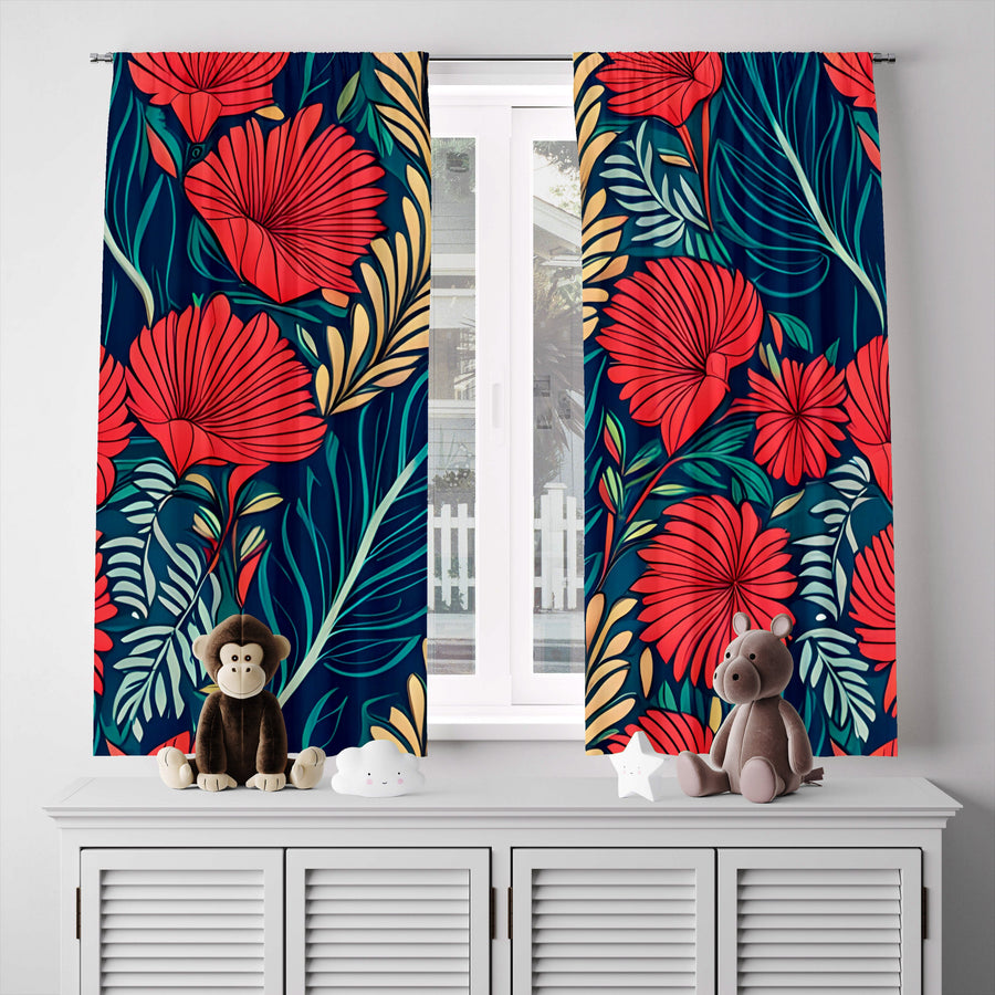 Floral Window Curtain - Blue and Coral Abstract Fan Flowers - Deja Blue Studios