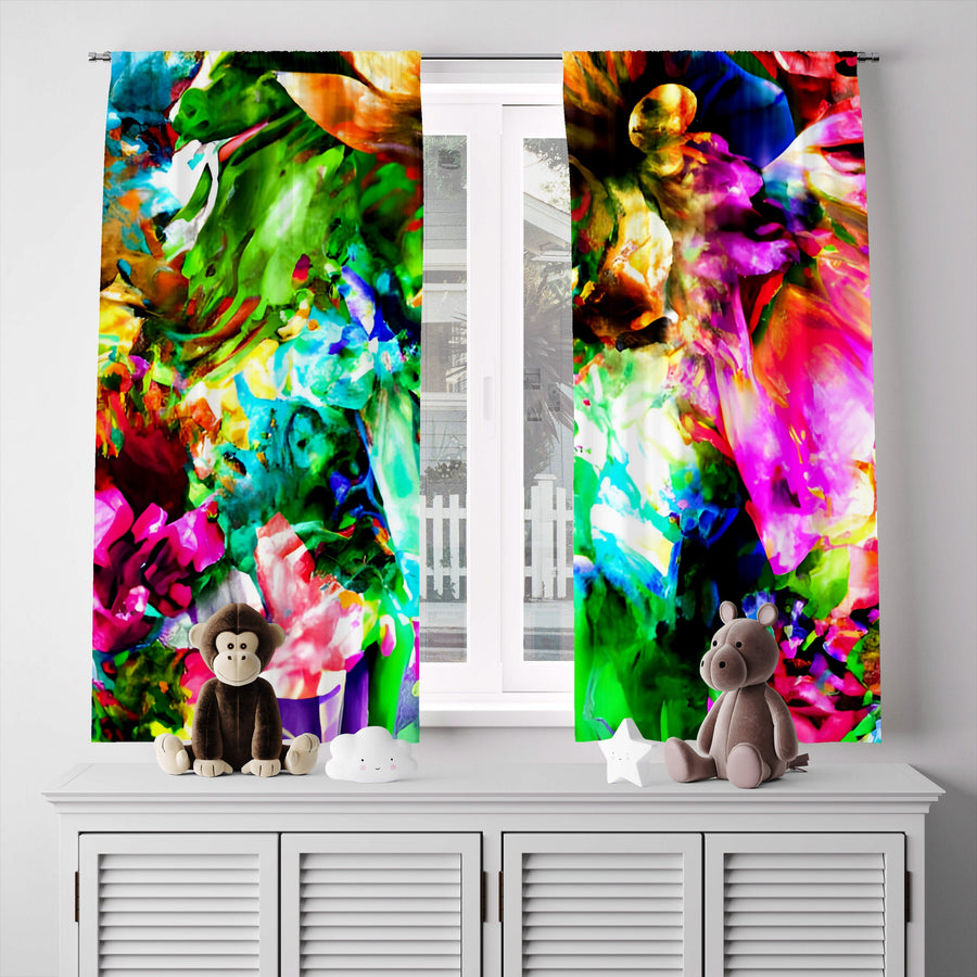 Abstract Window Curtain - Rainbow Watercolor Neon Flowers - Deja Blue Studios