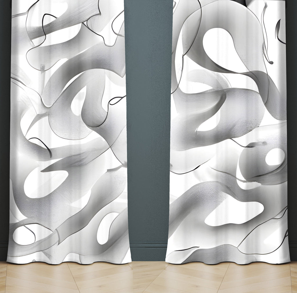 Abstract Window Curtain - Grayscale and Black Thick Swirly Waves - Deja Blue Studios
