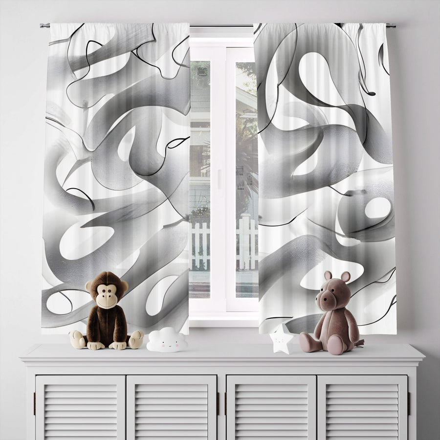 Abstract Window Curtain - Grayscale and Black Thick Swirly Waves - Deja Blue Studios