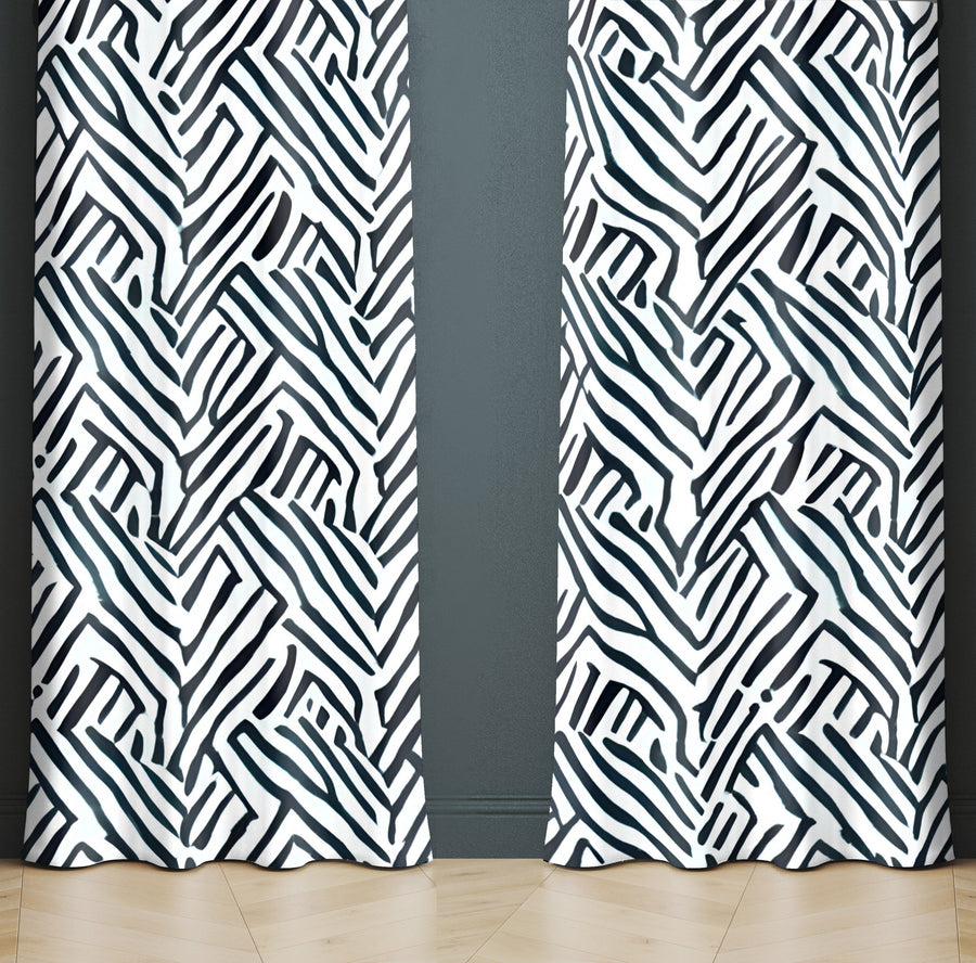 Abstract Window Curtain - Watercolor Black and White Cross Hatch Pattern - Deja Blue Studios