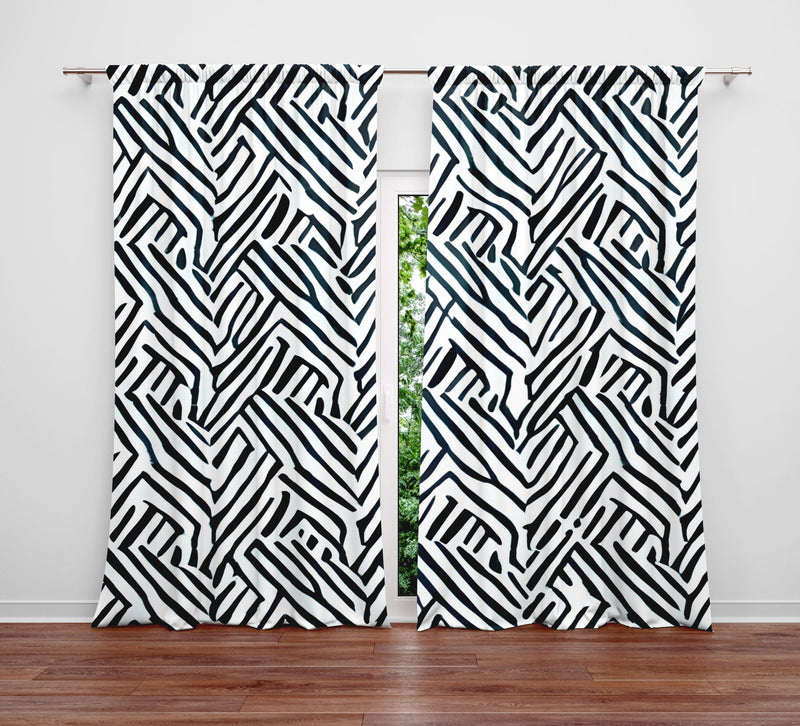 Abstract Window Curtain - Watercolor Black and White Cross Hatch Pattern - Deja Blue Studios