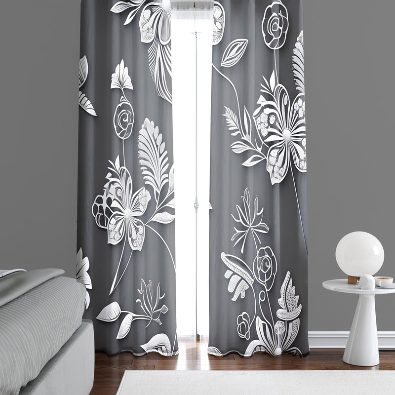 Floral Window Curtain - Abstract Gray Steampunk Florals - Deja Blue Studios