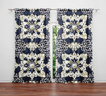 Abstract Window Curtain - Beige and Steel Blue Demask Medallions - Deja Blue Studios