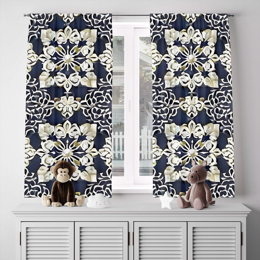 Abstract Window Curtain - Beige and Steel Blue Demask Medallions - Deja Blue Studios