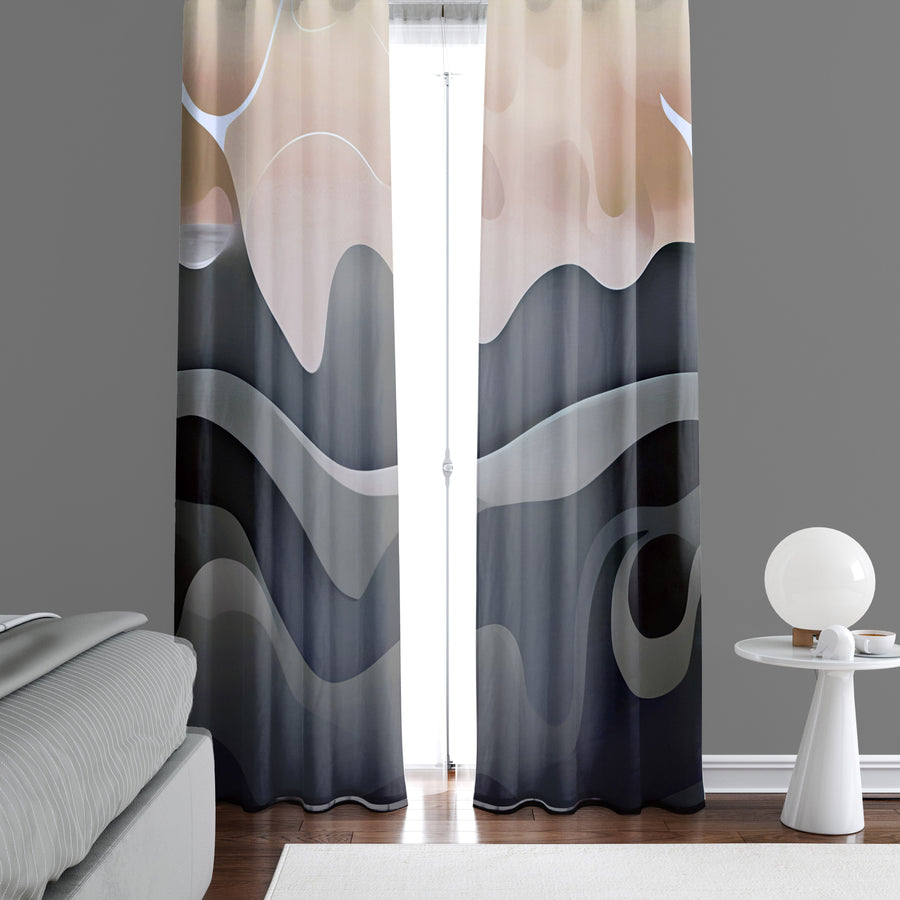 Abstract Window Curtain - Beige and Gray Midnight Beachy Waves - Deja Blue Studios