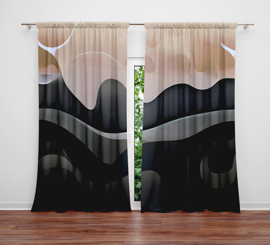 Abstract Window Curtain - Beige and Gray Midnight Beachy Waves - Deja Blue Studios