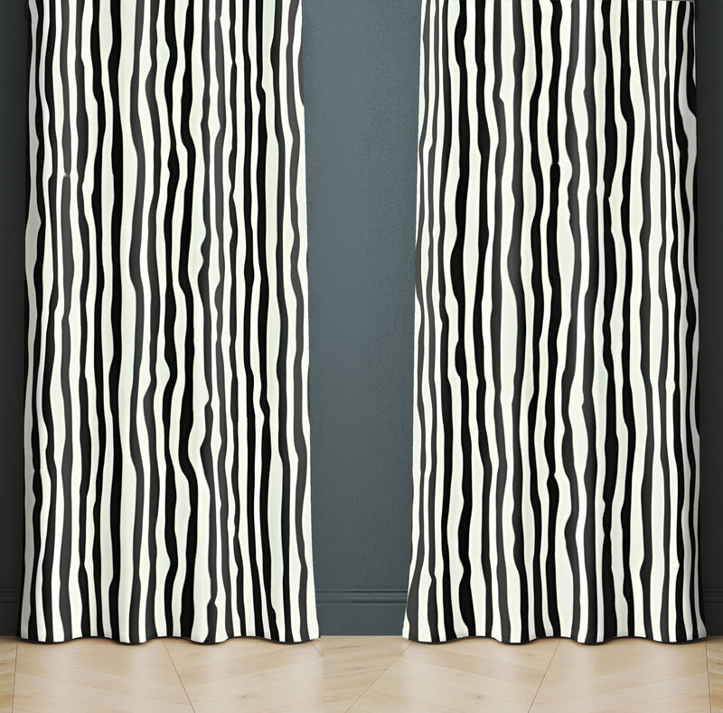 Striped Window Curtain - Black and White Wavy Stripes - Deja Blue Studios