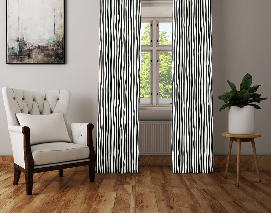 Striped Window Curtain - Black and White Wavy Stripes - Deja Blue Studios