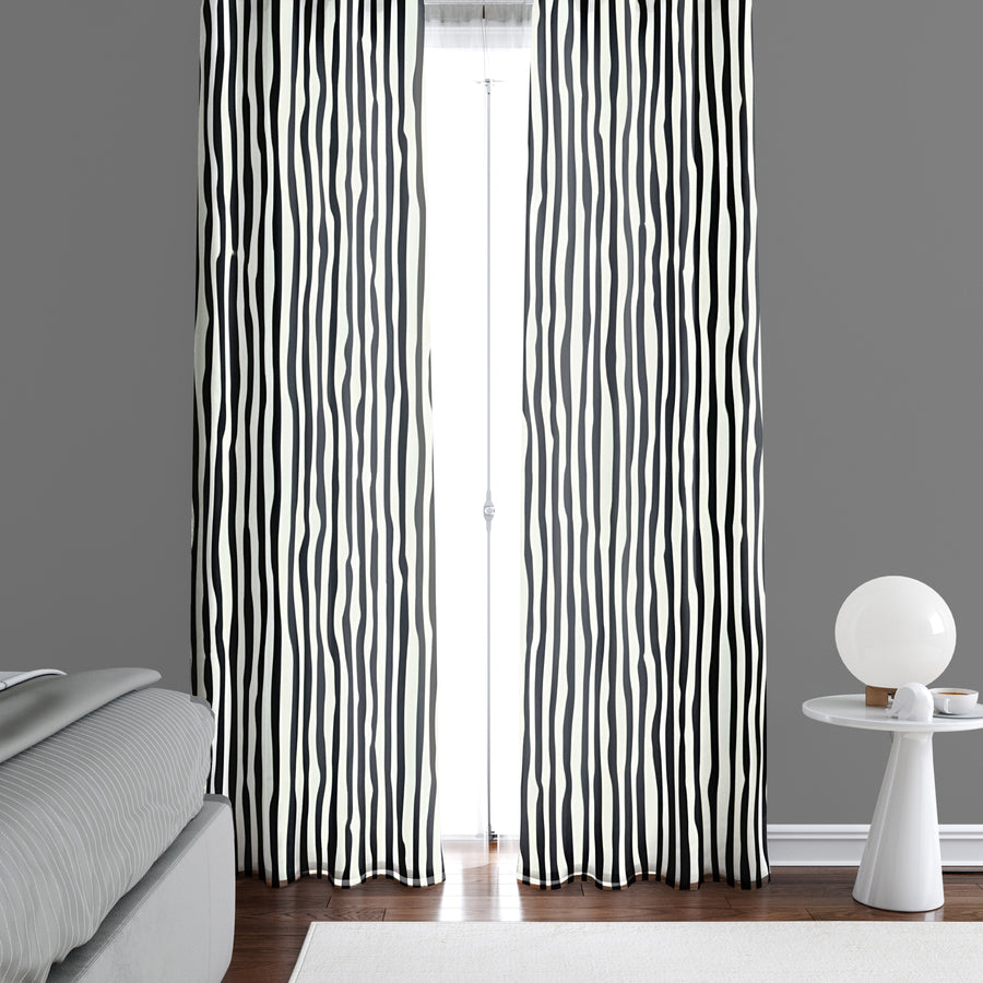 Striped Window Curtain - Black and White Wavy Stripes - Deja Blue Studios
