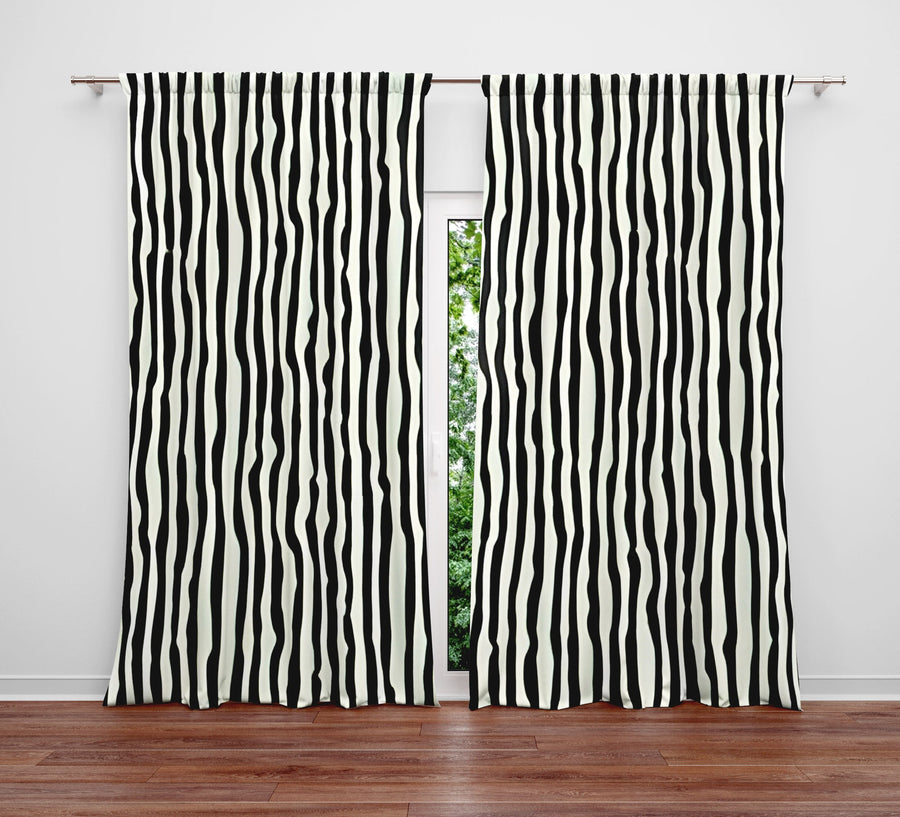 Striped Window Curtain - Black and White Wavy Stripes - Deja Blue Studios