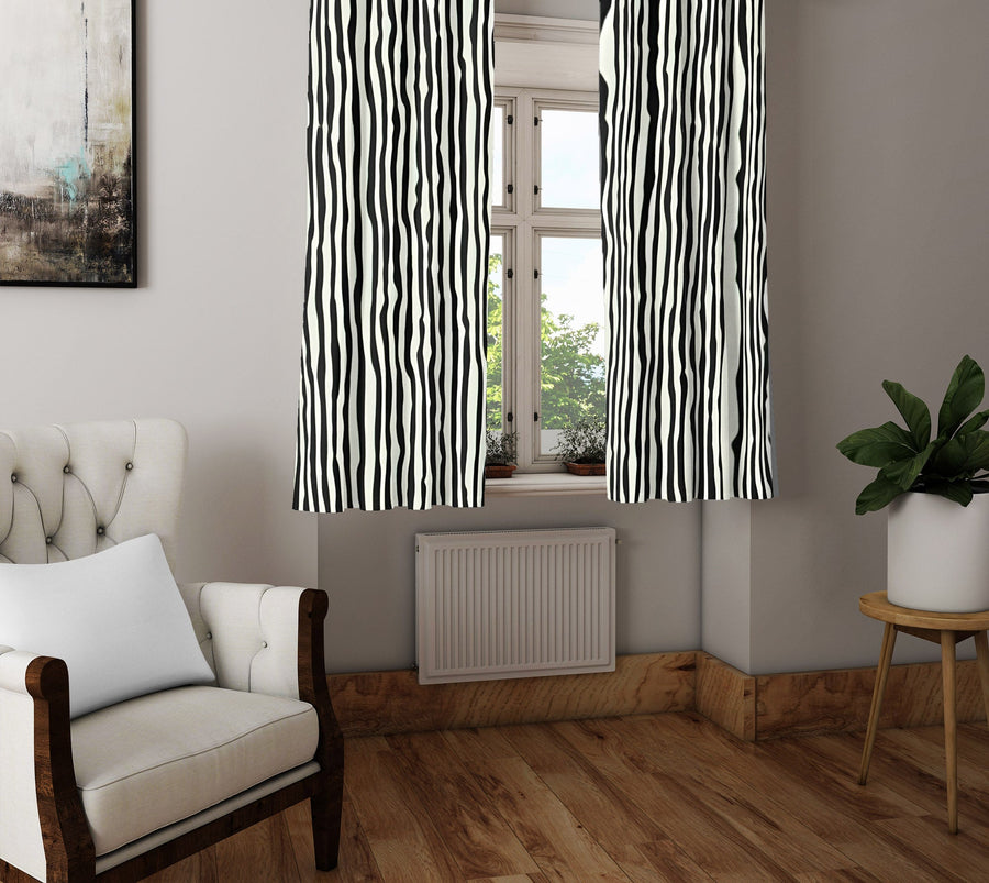 Striped Window Curtain - Black and White Wavy Stripes - Deja Blue Studios