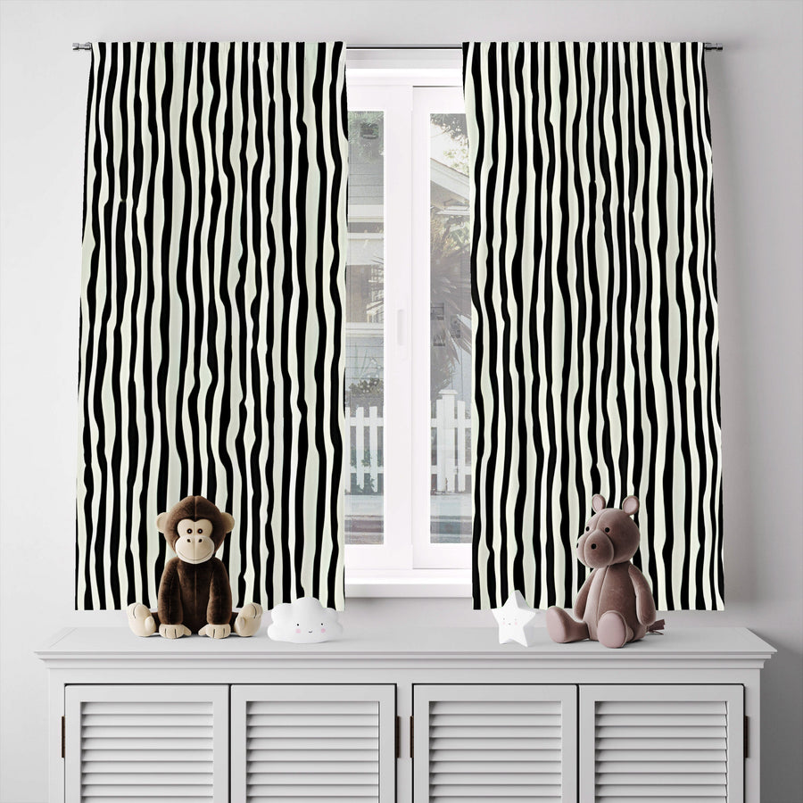 Striped Window Curtain - Black and White Wavy Stripes - Deja Blue Studios