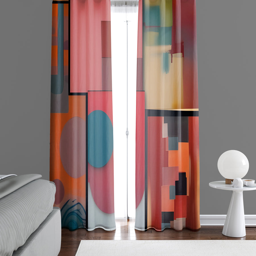 Abstract Window Curtain - Red and Blue Art Deco Painting Pattern - Deja Blue Studios