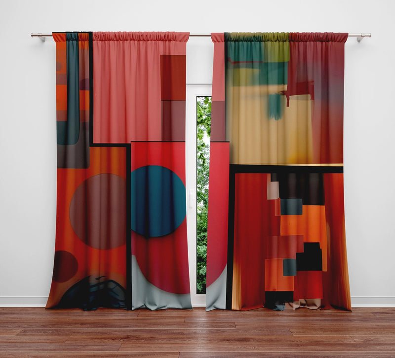 Abstract Window Curtain - Red and Blue Art Deco Painting Pattern - Deja Blue Studios