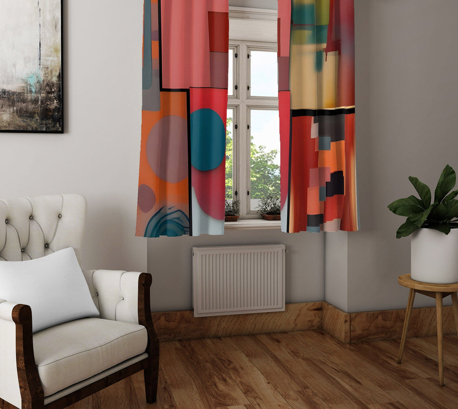 Abstract Window Curtain - Red and Blue Art Deco Painting Pattern - Deja Blue Studios