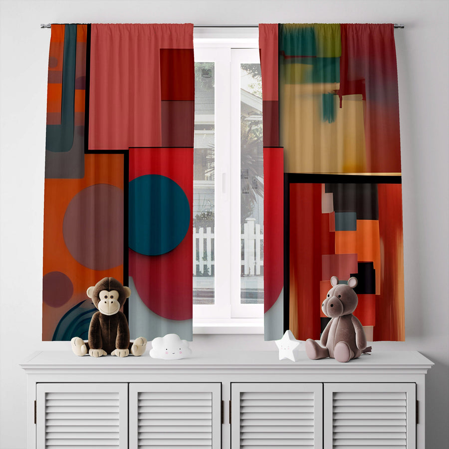 Abstract Window Curtain - Red and Blue Art Deco Painting Pattern - Deja Blue Studios