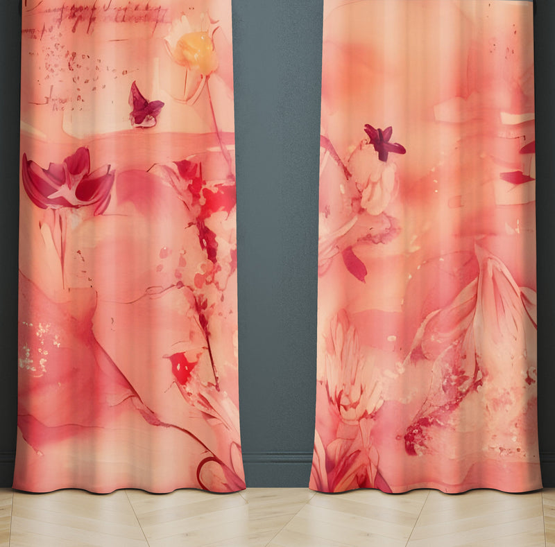 Abstract Window Curtain - Red Watercolor Flowers and Butterflies - Deja Blue Studios