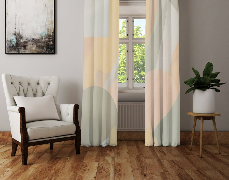Minimalist Window Curtain - Muted Tan and Green Geometric Shapes - Deja Blue Studios