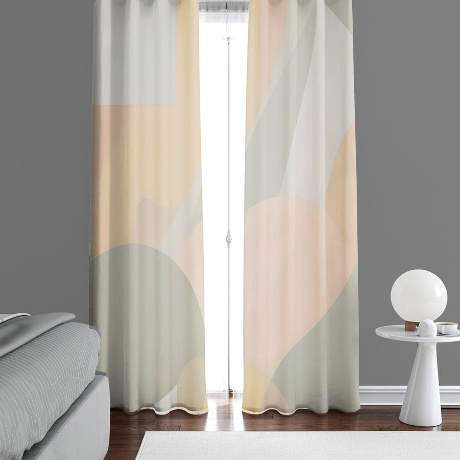 Minimalist Window Curtain - Muted Tan and Green Geometric Shapes - Deja Blue Studios