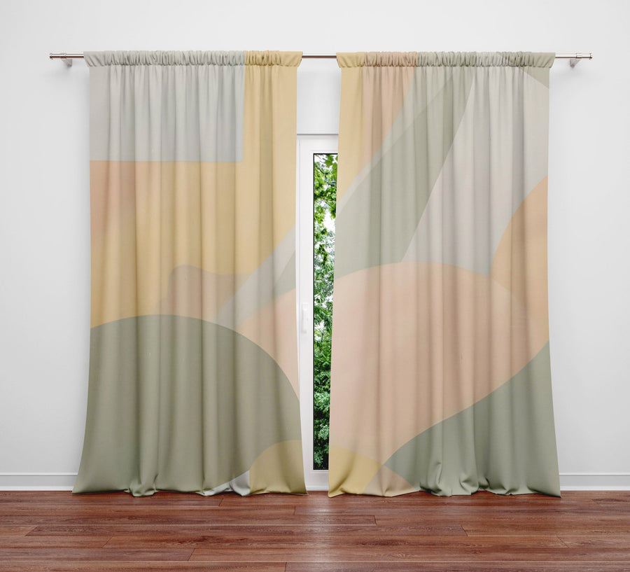 Minimalist Window Curtain - Muted Tan and Green Geometric Shapes - Deja Blue Studios