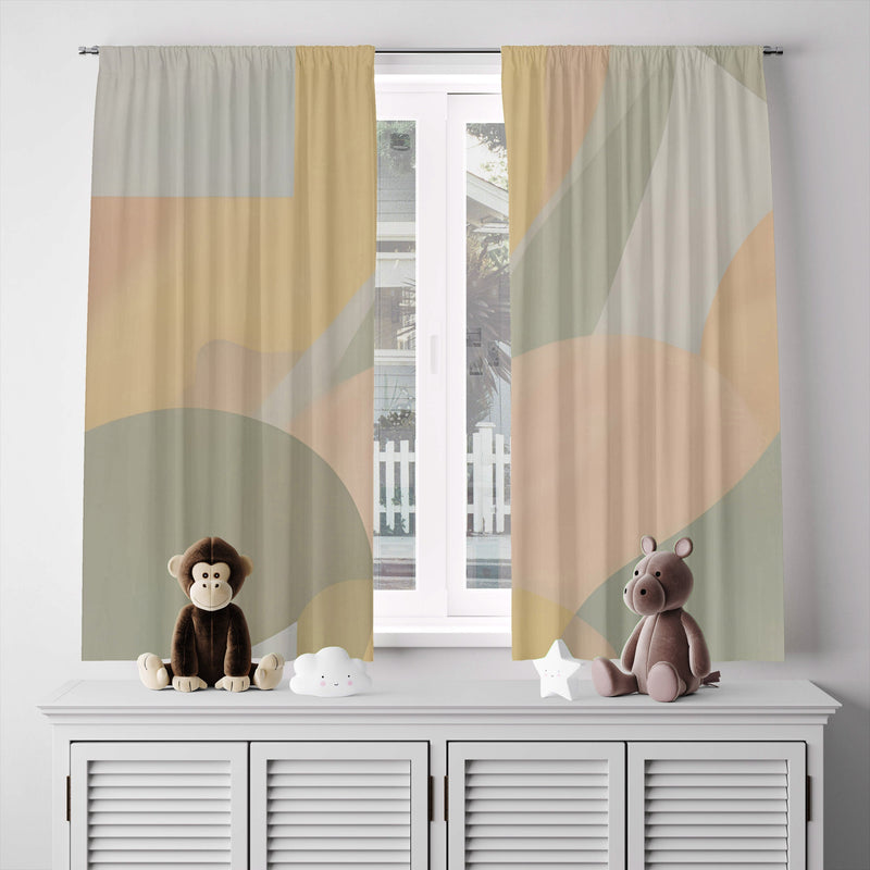 Minimalist Window Curtain - Muted Tan and Green Geometric Shapes - Deja Blue Studios