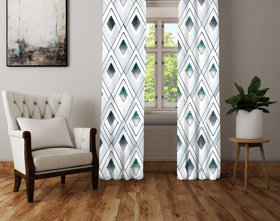 Geometric Window Curtain - Emerald Green and Gray Abstract Diamonds - Deja Blue Studios