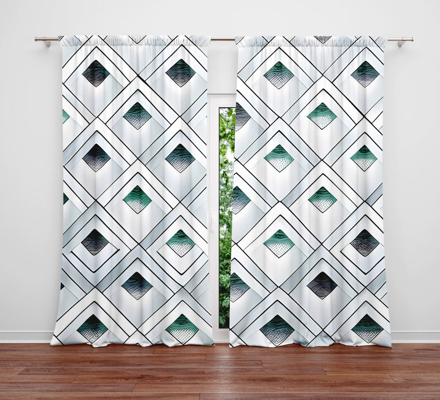 Geometric Window Curtain - Emerald Green and Gray Abstract Diamonds - Deja Blue Studios