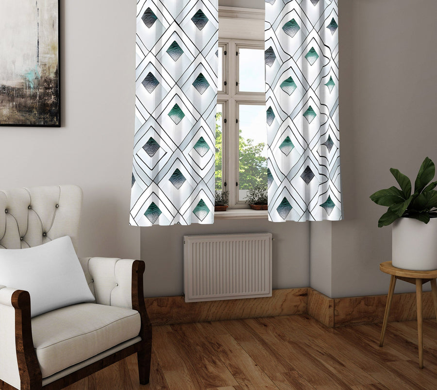 Geometric Window Curtain - Emerald Green and Gray Abstract Diamonds - Deja Blue Studios