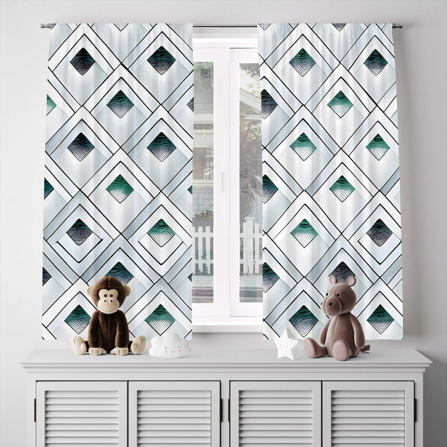 Geometric Window Curtain - Emerald Green and Gray Abstract Diamonds - Deja Blue Studios