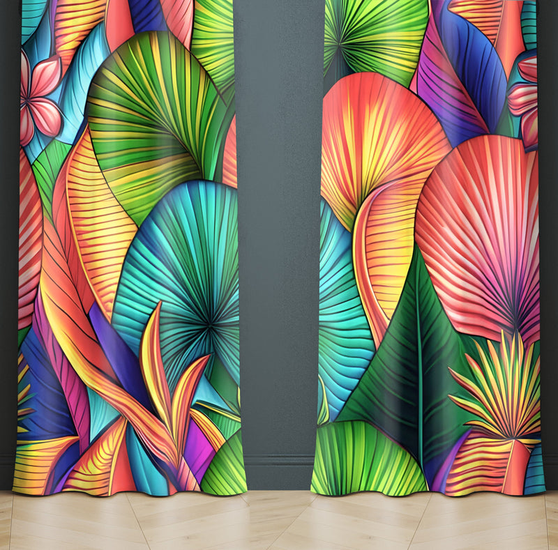 Abstract Window Curtain - Green and Orange Floral Fan Ferns - Deja Blue Studios
