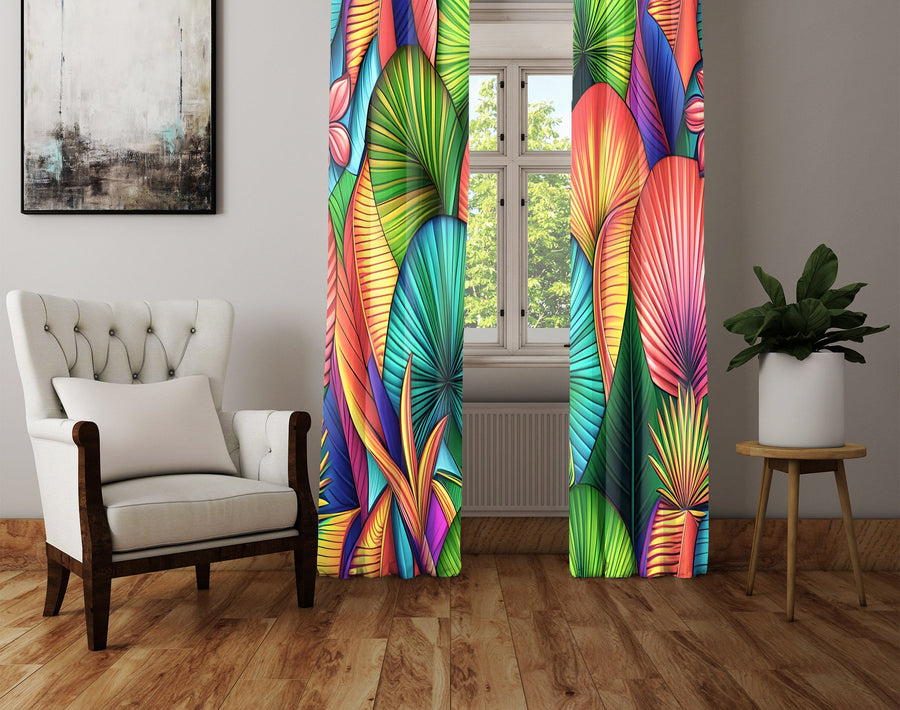 Abstract Window Curtain - Green and Orange Floral Fan Ferns - Deja Blue Studios