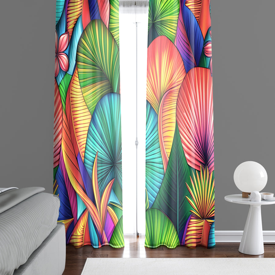 Abstract Window Curtain - Green and Orange Floral Fan Ferns - Deja Blue Studios