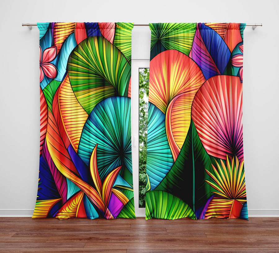 Abstract Window Curtain - Green and Orange Floral Fan Ferns - Deja Blue Studios