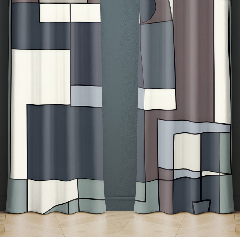 Abstract Window Curtain - Steel Blue and Brown Geometric Shapes - Deja Blue Studios
