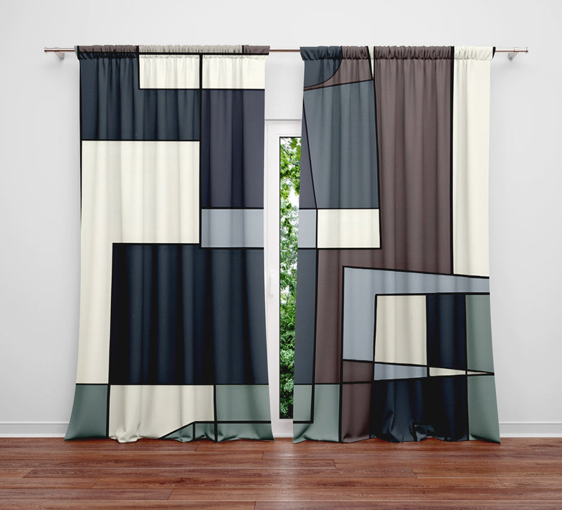 Abstract Window Curtain - Steel Blue and Brown Geometric Shapes - Deja Blue Studios