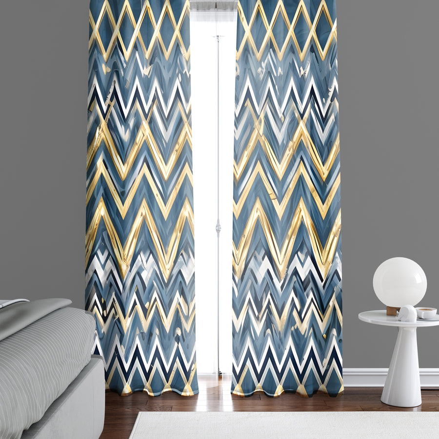 Abstract Window Curtain - Blue and Yellow Horizontal Chevron Stripes - Deja Blue Studios