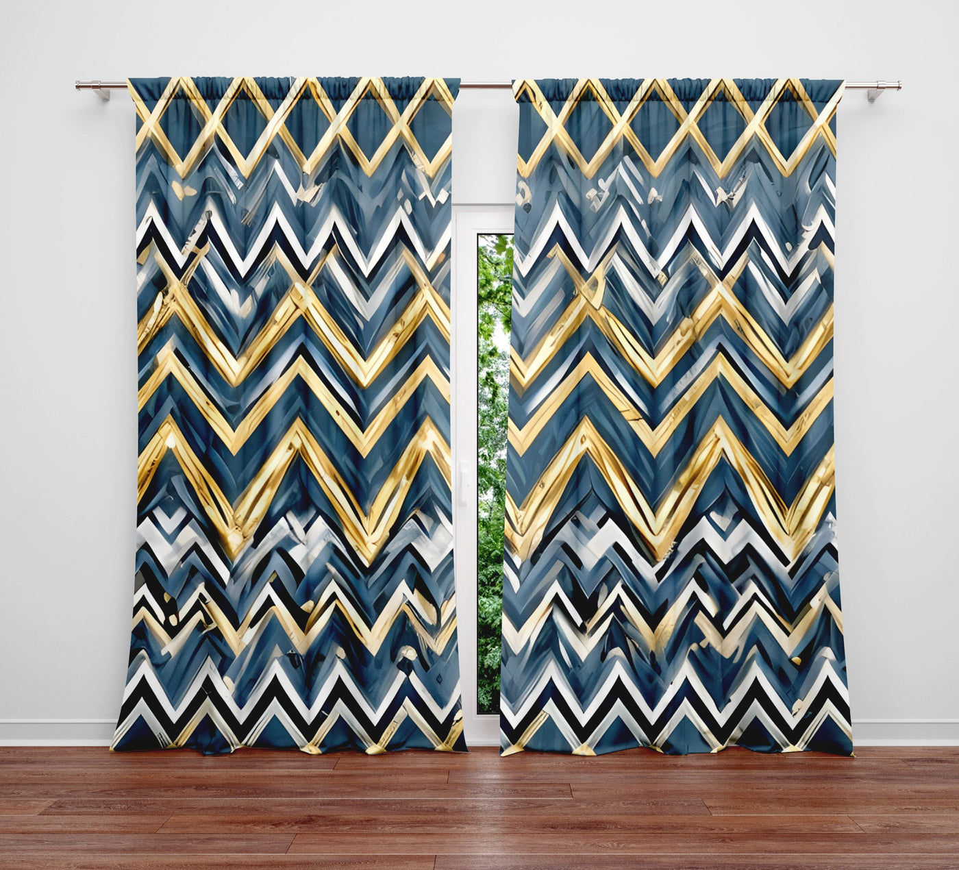 Abstract Window Curtain - Blue and Yellow Horizontal Chevron Stripes - Deja Blue Studios