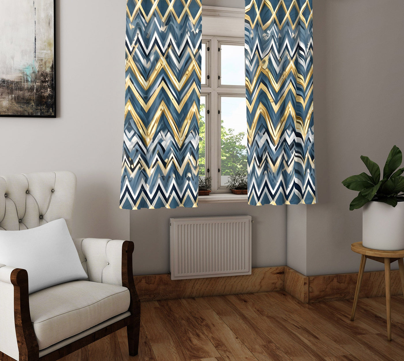 Abstract Window Curtain - Blue and Yellow Horizontal Chevron Stripes - Deja Blue Studios