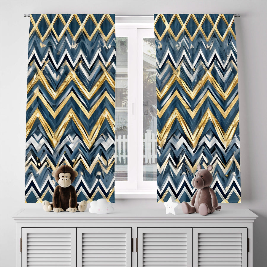 Abstract Window Curtain - Blue and Yellow Horizontal Chevron Stripes - Deja Blue Studios