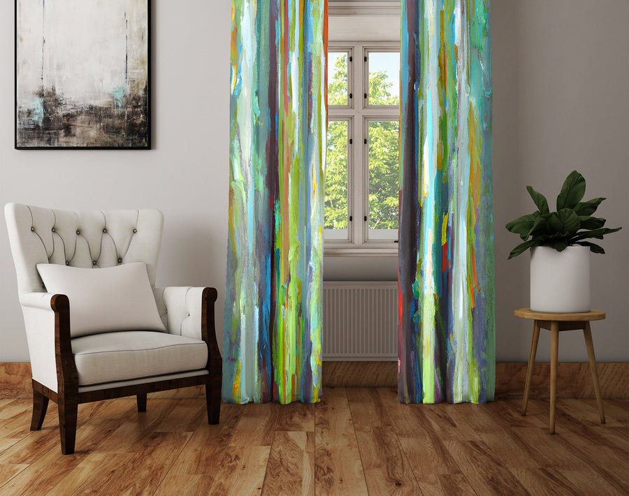 Striped Window Curtain - Green and Red Watercolor Stripes - Deja Blue Studios